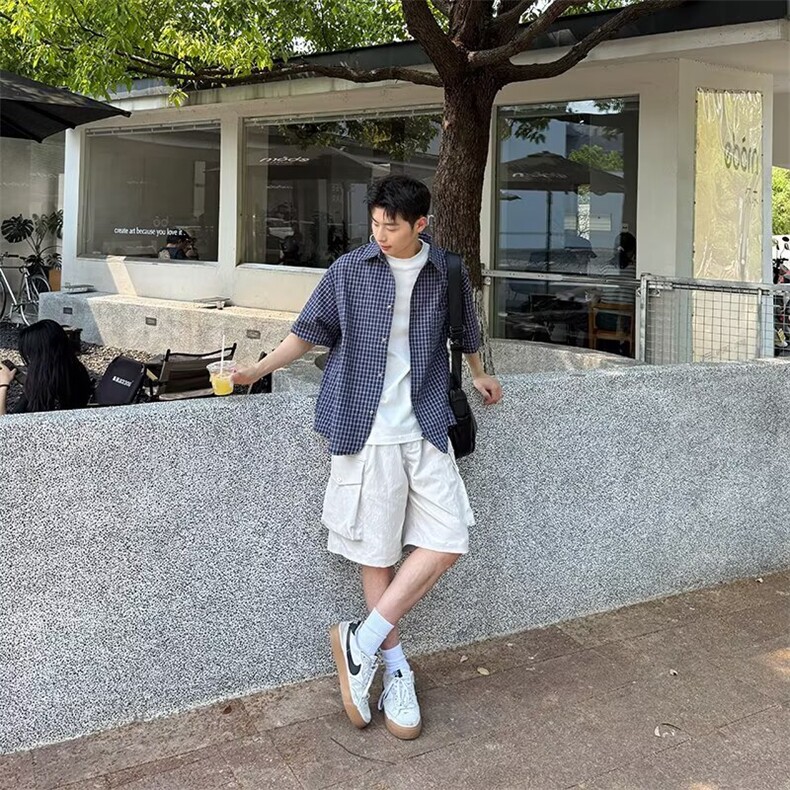 夏季青少年格子短袖衬衫男女生2025新款日系复古百搭宽松休闲衬衣,男装T恤,星座1210-1