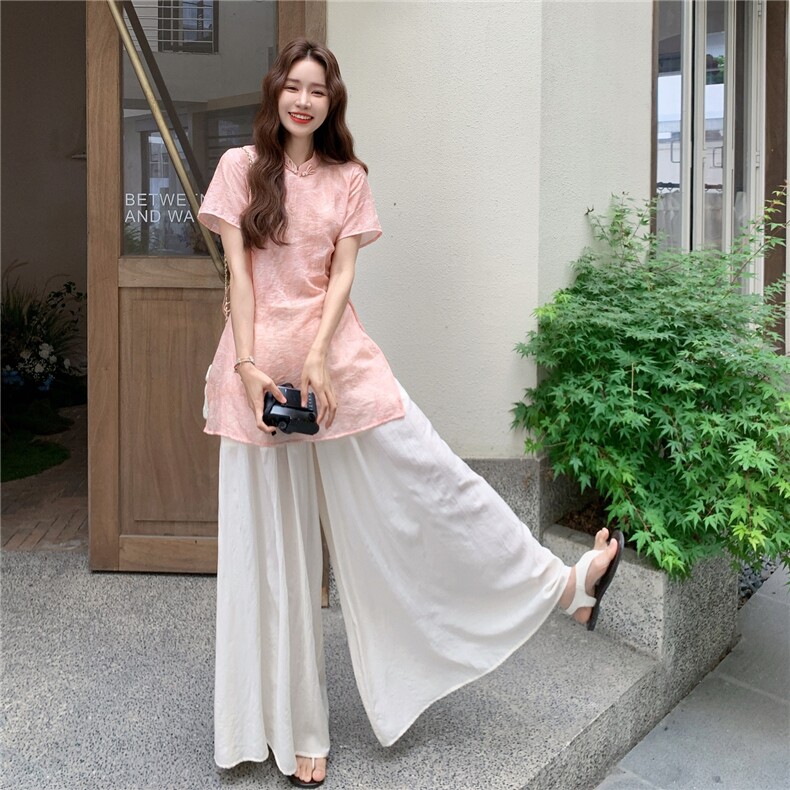 新中式国风穿搭旗袍套装女夏2025新款超火好看高级感阔腿裤两件套，女装套装/套裙，浪娴服饰