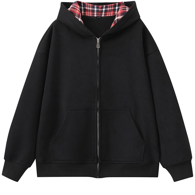 抖音得物品质二开25秋冬美式假两件格子连帽卫衣开衫外套CM35，男装卫衣，电商A486-1