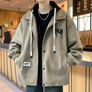 假两件连帽外套男款秋冬季加绒潮夹克港风宽松男生夹克HH7014 P78图片