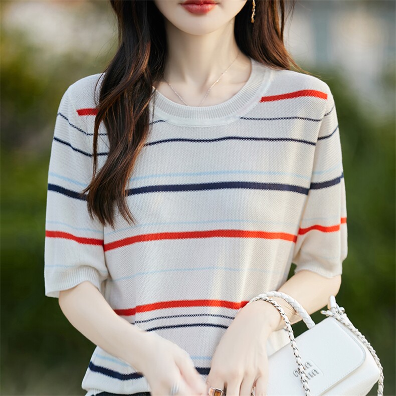 夏季新款女士简约时尚舒适天丝条纹短袖，女装T恤，斯美雅电商供货