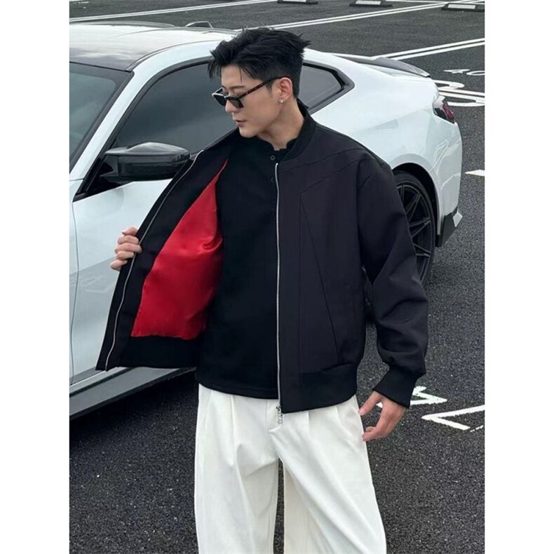 网图黑色美式红内短款飞行夹克男秋季解构倒三角设计感外套痞帅,男装夹克,四季星座505