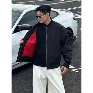 网图黑色美式红内短款飞行夹克男秋季解构倒三角设计感外套痞帅图片