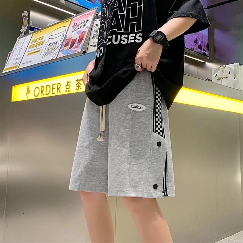 棋盘格子排扣裤子男宽松直筒休闲裤五分青少年短裤DK73 P30图片