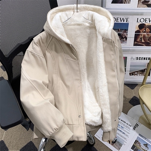 冬季加绒加厚连帽外套复古水洗宽松设计感夹克棉服图片
