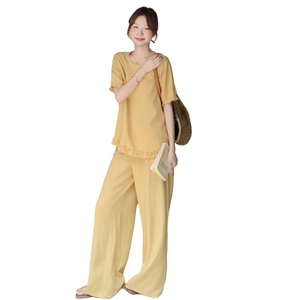 韩版木耳边短袖阔腿裤套装女2025年夏季新款休闲百搭松弛感两件套图片