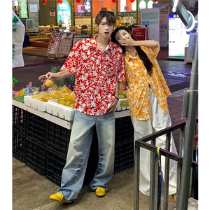 EQ401 夏威夷风冰丝衬衫情侣装夏季短袖沙滩旅游度假衬衣男女ins图片