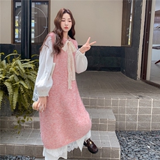 可爱甜美粉色针织背心连衣裙套装女春秋2025新款温柔别致减龄长裙，女装套装/套裙，2C261