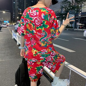 TZ203夏季新款男士T恤短裤套装东北大花大码红色蓝色青年运动套装图片