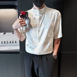 抖音夏季新中式风立领竹叶短袖衬衫男冰丝衬衣A236-0861-P55图片
