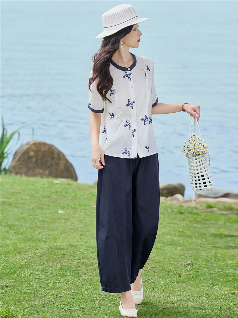 2026年夏季刺绣撞色衬衫裤子两件套套装,女装套装/套裙,依路服饰
