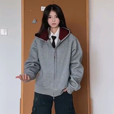 抖音得物高品质秋冬美式高街重磅结构双层双面连帽卫衣外套XS107，女装短外套，电商A486-1