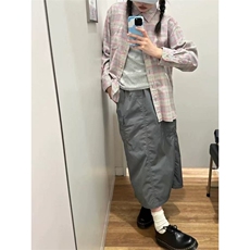 美式复古纯棉灰粉色格子衬衫女单穿叠穿宽松衬衣外套情侣春夏上衣，男装衬衫，星座506A