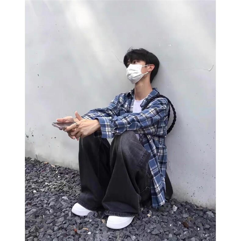 CS301-P35美式潮牌蓝色长袖格子衬衫男女生宽松百搭复古休闲,男装T恤,电商B323A