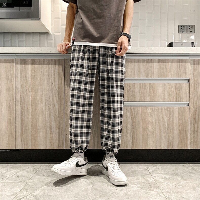现货春夏大码ins港风格子宽松休闲裤男中性裤九分裤女潮K008-P35,男装休闲裤,星座205