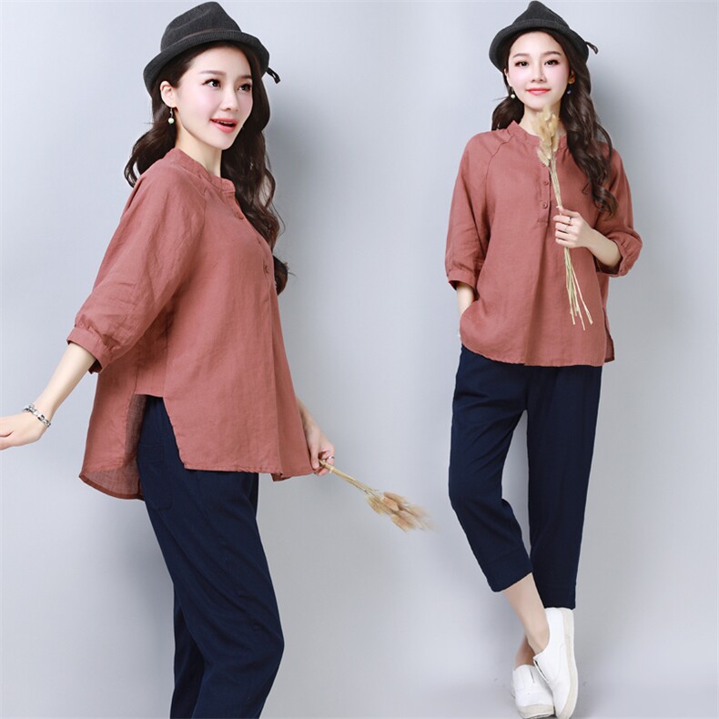 棉麻上衣女夏高端2023新款女装半袖文艺复古短袖T恤宽松亚麻小衫，女装套装/套裙，奕阳依阁