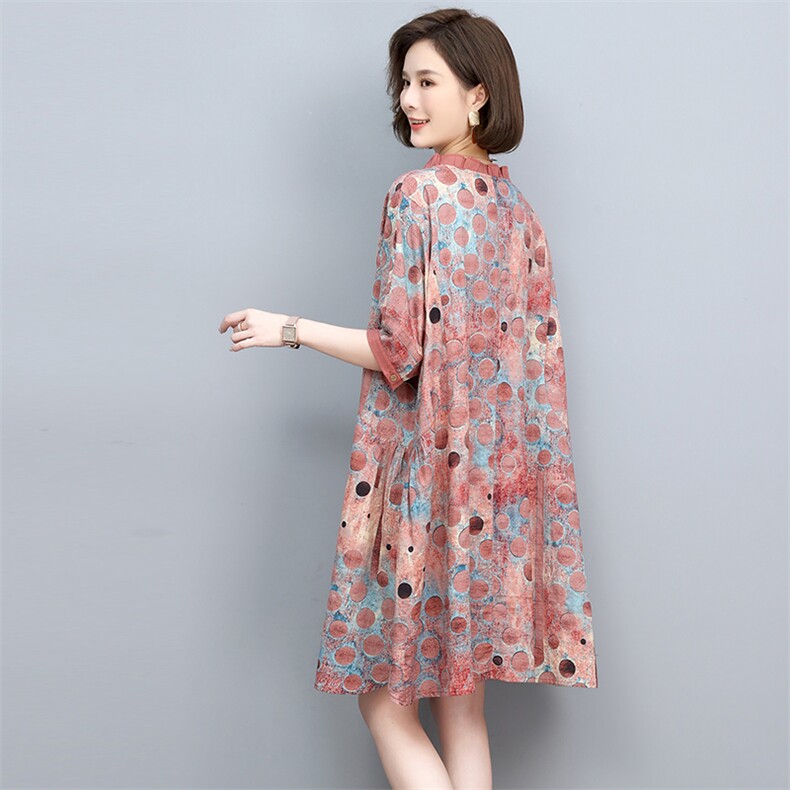 中年妈妈棉麻连衣裙女2025夏季新款宽松大码显瘦洋气印花亚麻裙子,女装连衣裙,悦见她