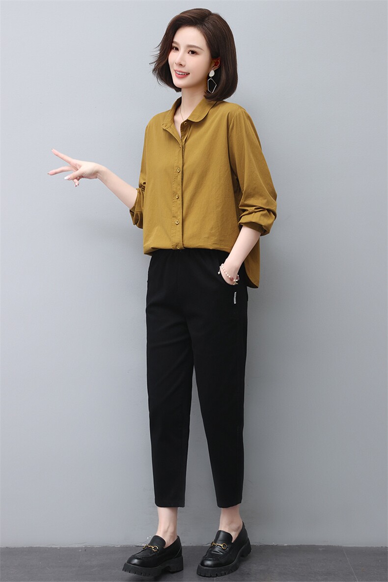 现货春秋新品时尚两件套棉麻宽松大码百搭通勤套装上衣裤子,女装套装/套裙,3200格调