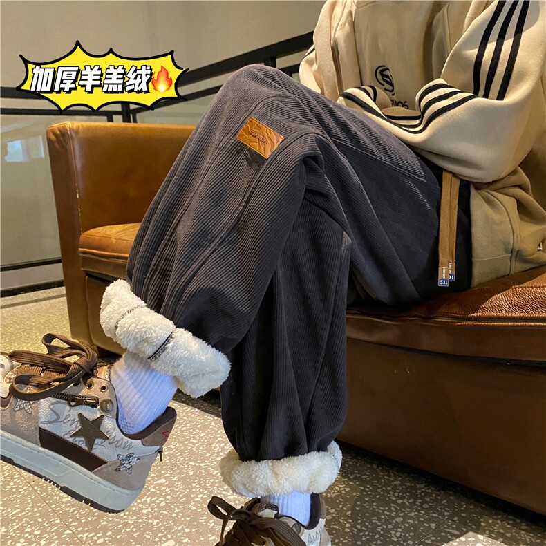 加厚羊羔绒裤子男春秋日系复古潮牌灯芯绒束脚卫裤大码宽松休闲裤图片