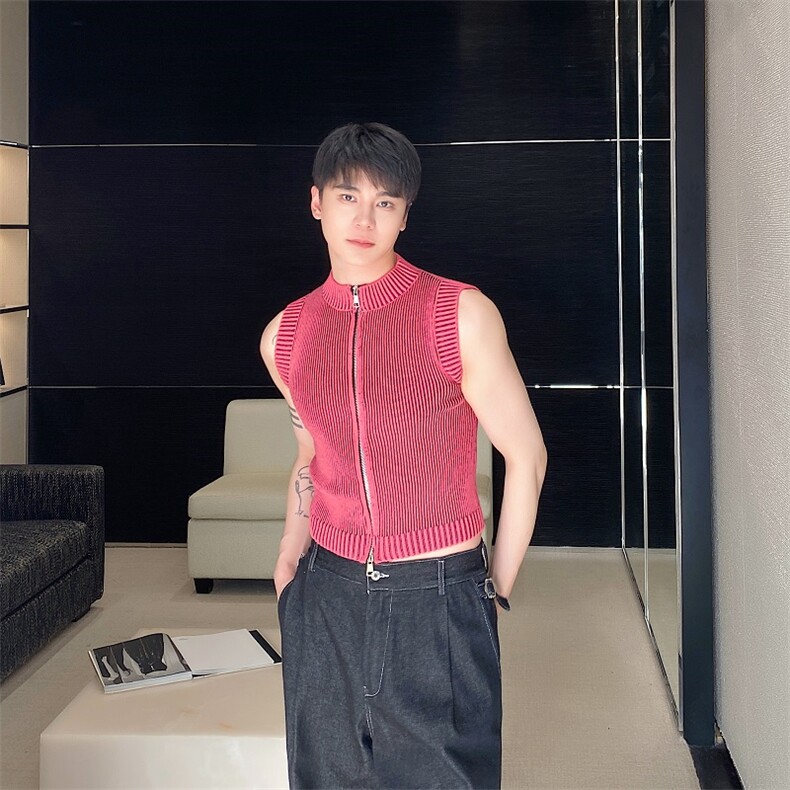 春夏新款立领拉链短款针织弹力背心痞帅潮流百搭款坎肩MY61P70图片