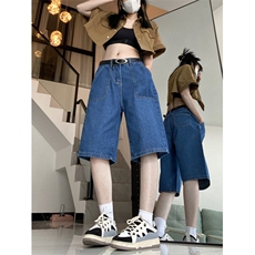 7140-P30夏季纯色大口袋宽松显瘦直筒阔腿裤五分牛仔短裤女，男装牛仔裤，电商A306A