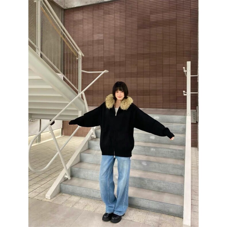 美式复古连帽开衫毛衣男女冬季毛领百搭休闲针织衫慵懒风情侣外套,男装针织衫/毛衣,星座506A