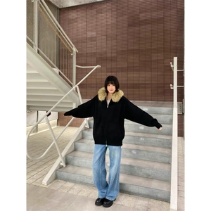 美式复古连帽开衫毛衣男女冬季毛领百搭休闲针织衫慵懒风情侣外套图片