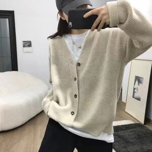 时尚百搭V领羊毛开衫 宽松显瘦针织外套图片