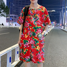 TZ203夏季新款男士T恤短裤套装东北大花大码红色蓝色青年运动套装，男装休闲套装，星座115A(原星座507）