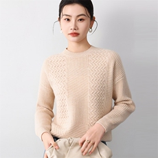秋冬季新款舒适显瘦时尚百搭5针花型格圆领羊毛衫，女装羊毛衫，琳尚羊绒
