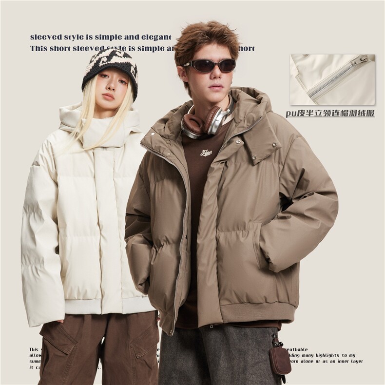 2025冬款PU皮立领双开拉链羽绒服-5611模特图-378图片