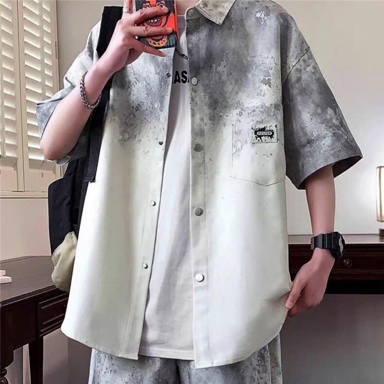 慵懒气质夏季新款男士渐变短袖衬衫套装潮潮流新款ins无品牌原宿,男装T恤,星座1210-1
