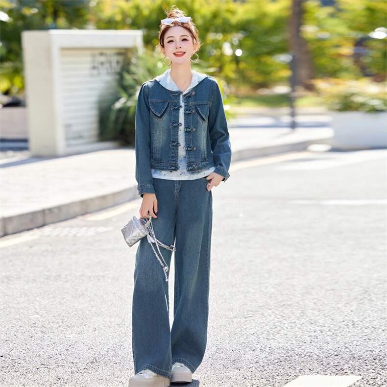 新中式牛仔套装女2025春新款小香风超火休闲减龄阔腿裤穿搭三件套,女装套装/套裙,欣品汇