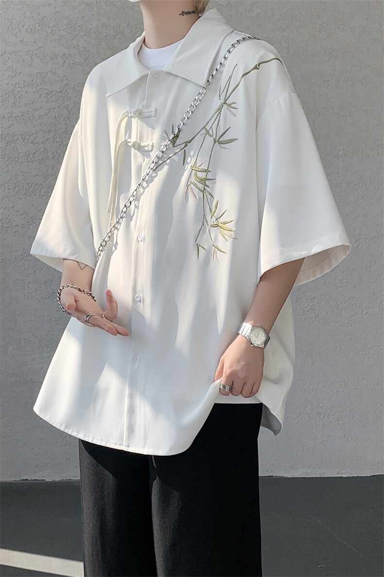 新中式短袖衬衫大码8XL-M风竹子刺绣冰丝唐装盘扣衬衣DC5007P48,男装T恤,电商B238