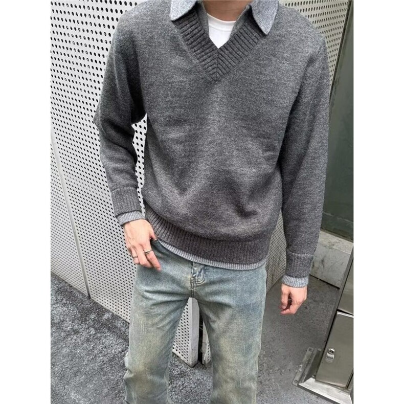 灰色POLO领卫衣男女春秋2025新款学院风假两件拼接条纹衬衫毛衣,男装针织衫/毛衣,星座506A