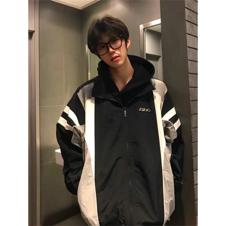 撞色拼接骑行服男款防水防风外套oversize美式机能户外登山服夹克图片