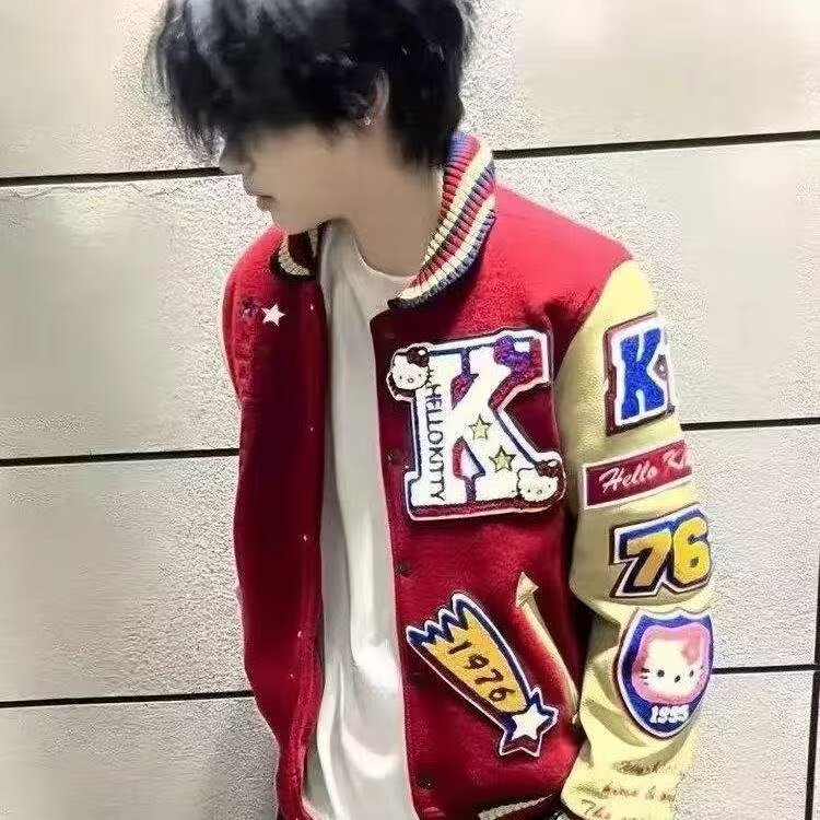棉服美式复古凯蒂猫刺绣棒球服男女潮牌情侣宽松拼色夹克外套图片