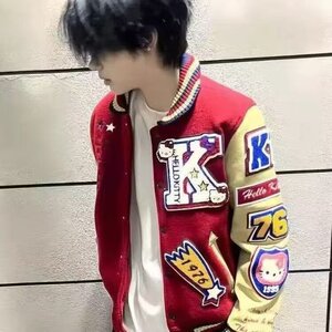 棉服美式复古凯蒂猫刺绣棒球服男女潮牌情侣宽松拼色夹克外套图片