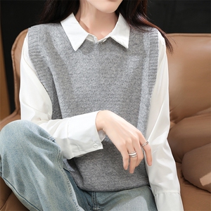 时尚百搭女士七针一线马甲纯色羊毛显瘦修身优雅气质图片