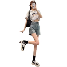 阔腿牛仔短裤女夏季新款高腰胖mm大码显瘦设计感小众a字阔腿热裤，男装牛仔裤，星座506A