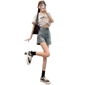 阔腿牛仔短裤女夏季新款高腰胖mm大码显瘦设计感小众a字阔腿热裤图片