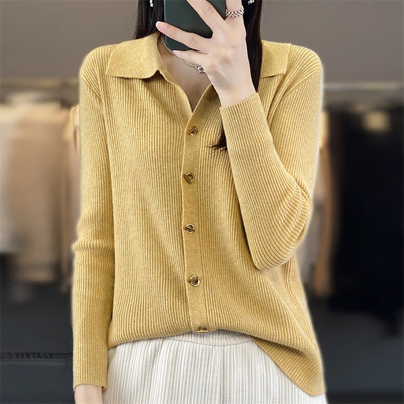 秋季新款女士简约时尚百搭包芯纱polo领针织开衫,针织衫/毛衣,思牵羊绒