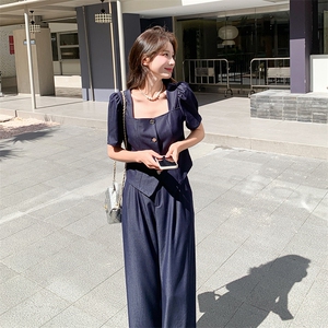 法式上衣阔腿裤薄款牛仔套装女图片