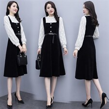 2021春季新款简约潮流时尚个性蕾丝拼接假两件套修身收腰连衣裙，女装连衣裙，瑶迪依秀