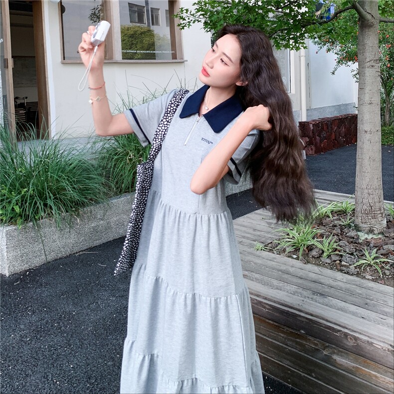 撞色翻领休闲运动灰色POLO连衣裙女夏2025新款简单大方超好看独特,女装连衣裙,2D148