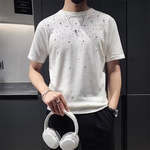 男装烫钻短袖毛衣男士羊毛衫半袖时尚针织打底衫丝光棉烫钻 M868图片