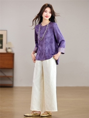 现货！春季新款新中式洋气套装百搭款圆领上衣+裤子两件套装女，女装套装/套裙，央宝儿