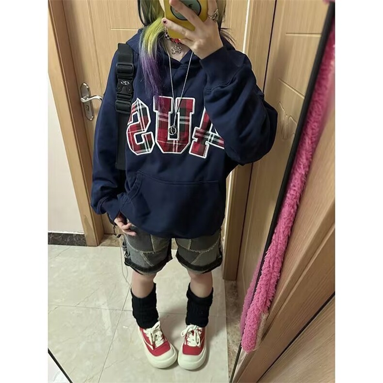 美式街头潮牌格子刺绣数字宽松套头连帽卫衣男女情侣帽衫WY852,男装卫衣,星座516A