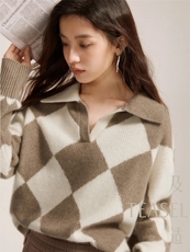 35%羊绒菱形格拼接翻领加厚套头针织羊绒衫，女装羊绒衫，以美红杉羊绒