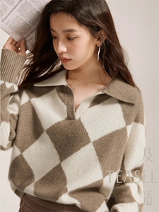 35%羊绒菱形格拼接翻领加厚套头针织羊绒衫，女装羊绒衫，以美红杉羊绒